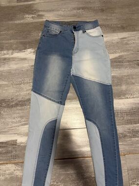 VIP Two-Tone Patchwork Straight Leg Jeans - Light & Medium Blue